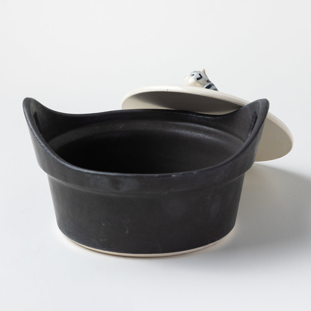 ま工房 牧田亮 猫土鍋 cat rid wood handle ceramic stew pot Donabe